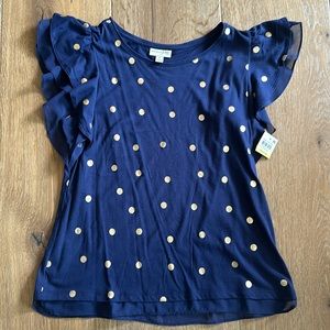 Maison Jules top, medium, white or blue with gold polka dots, polyester & cotton